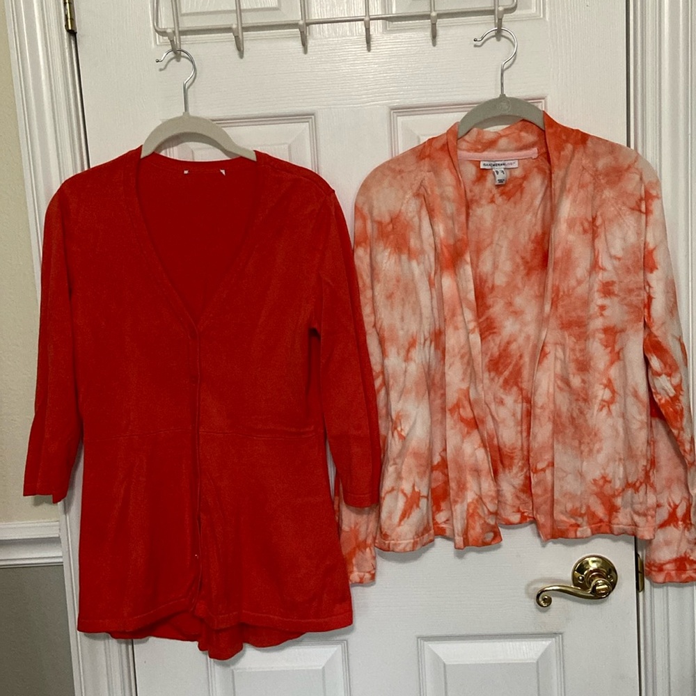 2 Isaac Mizrahi Sweaters - Coral Peplum, Coral Tie Dye Shrug Cardigan - Picture 1 of 16
